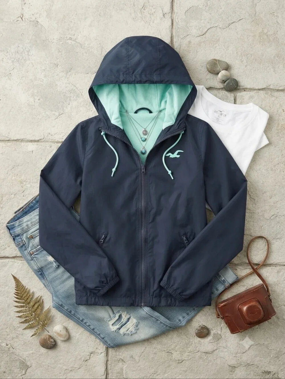 Hollister Navy Blue With Soft Teal Lining Lightweight Zip Up Jacket